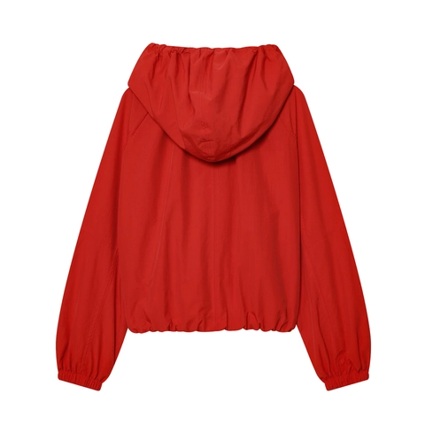 Women Red Hooded Jacket Nylon Polyester Windbreaker Drawstring Waist Zip Up Long Sleeve Casual Sporty Outerwear Fashion