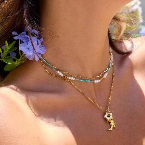 Collar Con Colgante De Corazón De Acero Inoxidable Con Perlas De Agua Dolce Y Cuentas De Turquesa Joyería Romántica Para Mujer