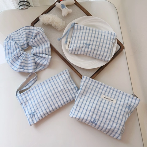 Borsa A Spalla In Cotone A Quadretti Blu Con Ricamo A Fiocco Pochette Per Trucco E Elastico Per Capelli Stile Minimalista Giapponese