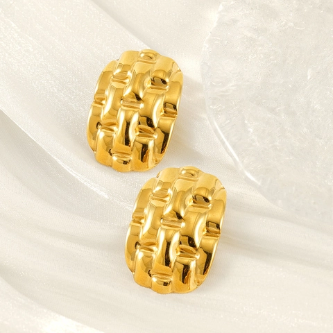 Geometric Woven Texture Stud Earrings For Women 18K Gold Plated Stainless Steel Ridged Striped Retro Style