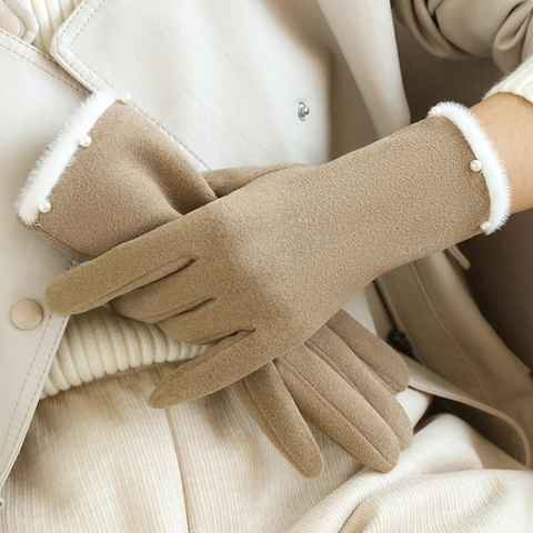 Women Winter Touch Screen Gloves Dralon Warm Plush Faux Fur Cuff Artificial Pearl Decor Elegant Driving Outdoor Accessory