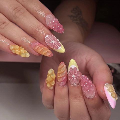 3D Fruit Press On Nagels Citroen Oranje Ontwerp Amandelvorm Franse Stijl Glanzend Gelei Kunstnagels