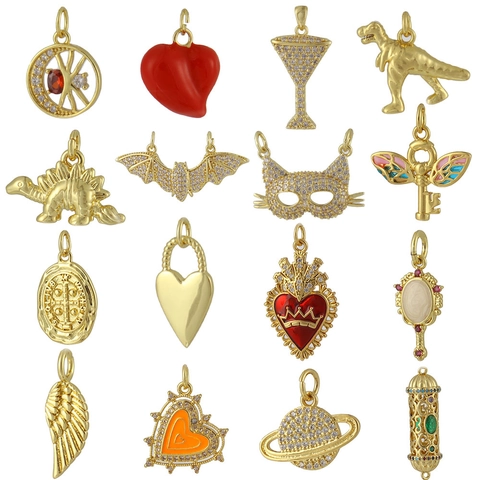 Ciondoli Charms In Rame Placcato Oro Micro Pavé Zircone Smalto Dinosauro Pipistrello Cuore Per Accessori Creazione Gioielli DIY