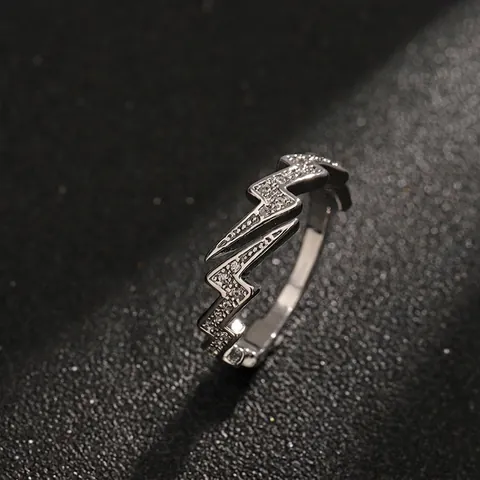 Lightning Bolt Adjustable Ring Silver Color Alloy With Cubic Zirconia Hip Hop Punk Geometric Jewelry Men Women