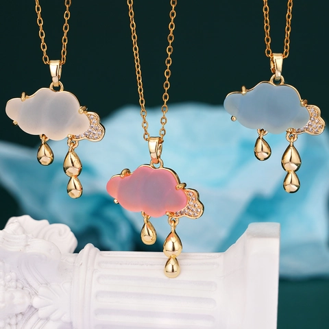 Collana Con Pendente A Nuvola E Goccia Di Pioggia Rame Placcato Oro Con Zirconia E Resina Traslucida Per Donna Gioielli
