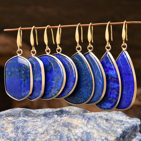 Natural Lapis Lazuli Drop Hook Earrings Geometric Round Square Waterdrop Stone Vintage Jewelry For Women