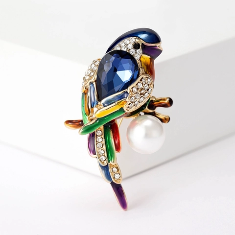 Spilla Pappagallo in Smalto Colorato Con Strass E Perla Artificiale Simpatico Uccello Animale Spilla Moda Donna Gioielli Accessori