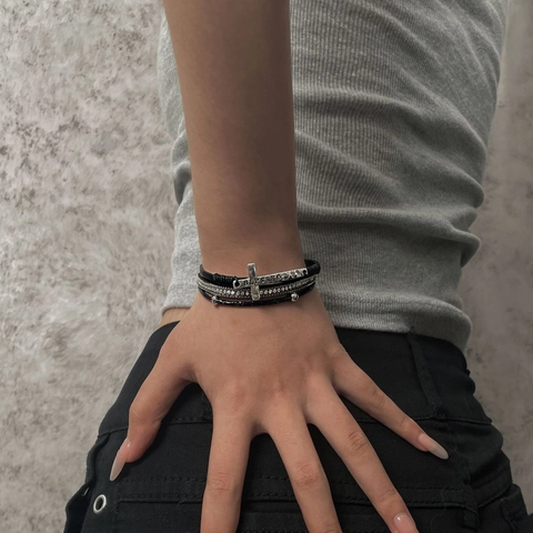 Multi Layer Armband Legierung PU Leder Strass Kreuz Blessed Graviert Böhmischen Punk Vintage Schmuck Zubehör