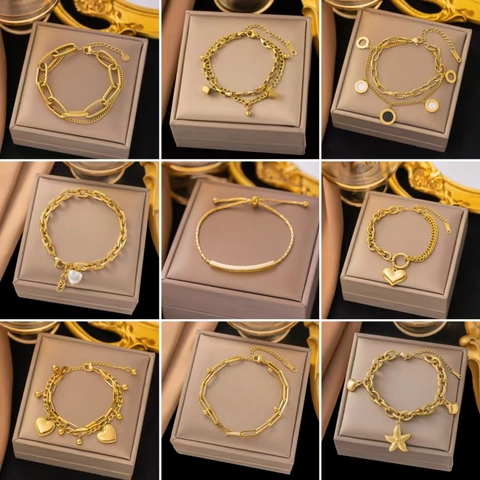 Bracelet Women Stainless Steel 18K Gold Plated Layered Chain Heart Butterfly Starfish Charms Fashion Jewelry Accessory