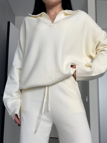 Strick-Polo-Oberteil Und Kordelzughose Damen Langarm Einfarbig Baumwolle Polyester Loungewear Herbst Winter Lässig Oversized