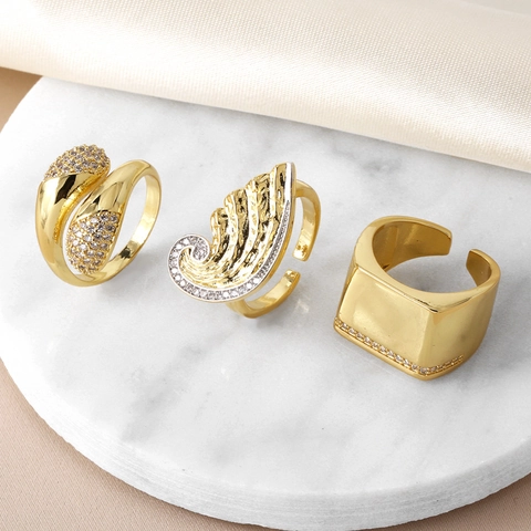 Mode Vergulde Koperen Ring Voor Vrouwen Zirkonia Ingelegd Vleugel Geometrisch Waterdruppel Verstelbare Open Vingerring Sieraden