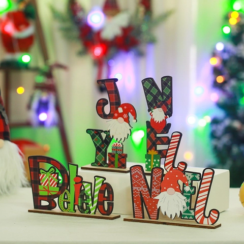 Christmas Wooden Letter Ornament Believe NOEL JOY Table Decor Plaid Print Gnome Santa Decoration For Holiday Home Table