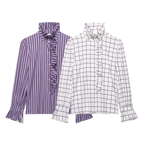 Women Long Sleeve Blouse Polyester Ruffle High Neck Elegant Striped Plaid Single Breasted Shirt French Vintage Style