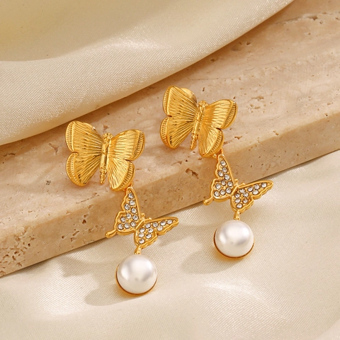 Schmetterling Ohrhänger Edelstahl 18K Vergoldet Zirkonia Weiße Künstliche Perle Modeschmuck Für Damen