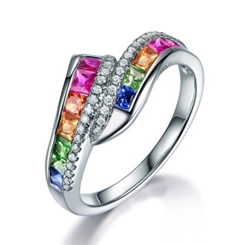 Women Cross Over Wave Ring Copper Plated White Gold Multi Color Cubic Zirconia Rainbow Fashion Jewelry Gift
