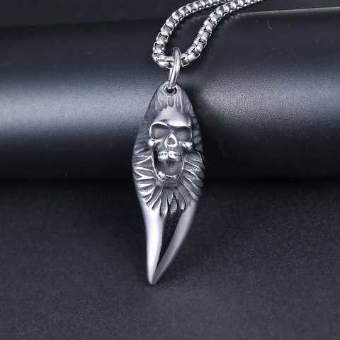 Collana Con Pendente Teschio E Dente Di Lupo Acciaio Inossidabile Stile Punk Gotico Gioielli Da Uomo Hip Hop Moda