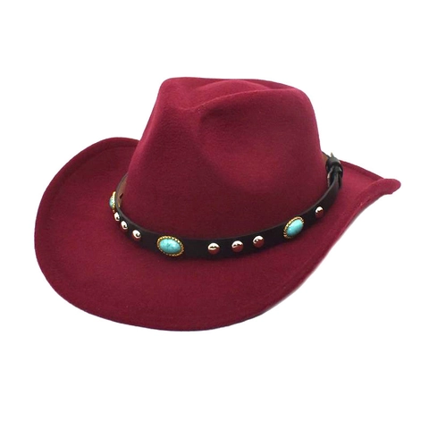 Western Cowboy Hat Cotton Polyester Wide Brim With Turquoise Leather Belt Rivets Ethnic Fedora For Men Women