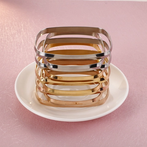 Minimalist Square Bangle Stainless Steel Geometric Polished Rectangular Cuff Bracelet For Women Modern Fashion Jewelry