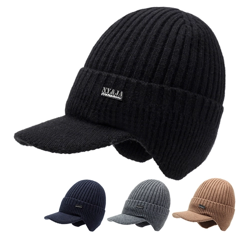 Gorro De Punto De Invierno Para Hombre Con Visera Orejeras Grueso Cálido Acrílico Acanalado Térmico Para Exteriores