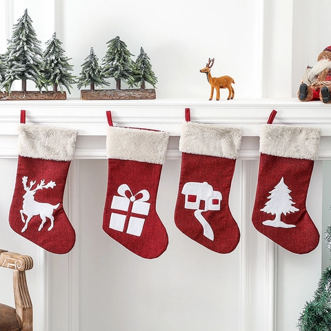Calze Di Natale Lino Tessuto Non Tessuto Peluche Corto Sacchetti Regalo Caramelle Motivi Renna Albero Casa Decorazione
