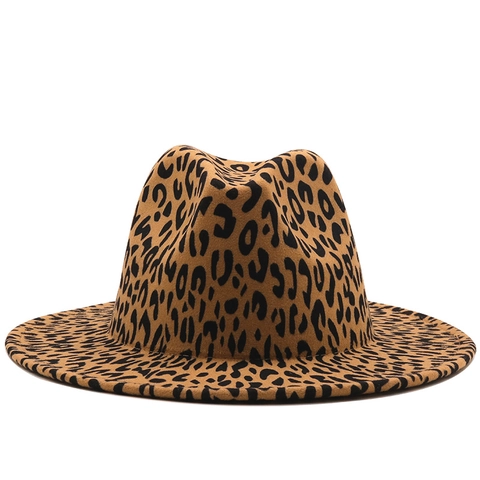Cappello Fedora Con Stampa Leopardata Feltro Di Lana Tesa Larga Piatta Fondo Rosso Contrasto Stile Britannico Jazz