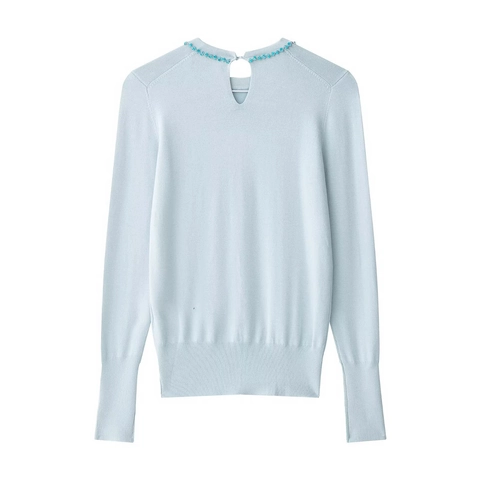 Beaded Collar Knit Sweater Top Long Sleeve Keyhole Back Solid Pullover Elegant Women Clothing