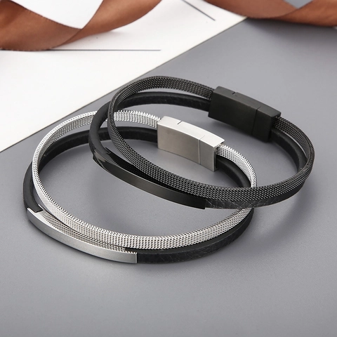 Pulsera De Doble Capa Para Hombre De Cuero De Vaca Y Cadena De Malla De Acero Inoxidable Con Cierre Magnético