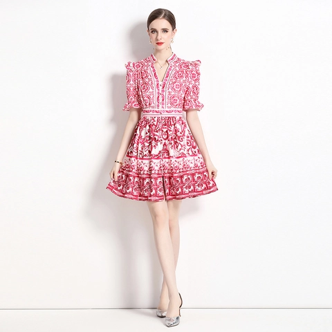 Elegant Retro Porcelain Print V Neck Mini Dress Polyester Flare Short Sleeve Single Breasted A-Line For Women