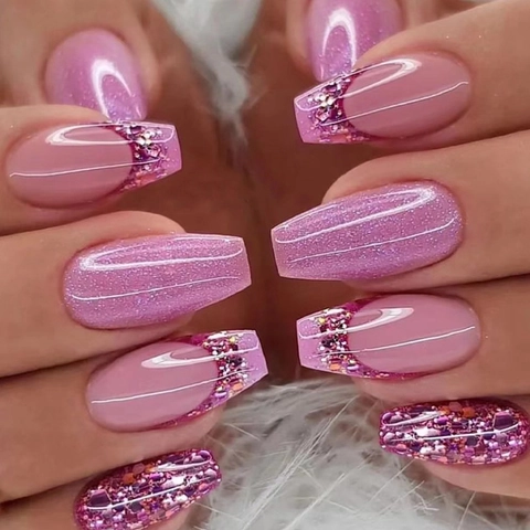 Ongles À Presser French Tip À Paillettes Roses Forme Ballerine Cercueil Faux Ongles Pour Femmes Filles Manucure Réutilisable DIY