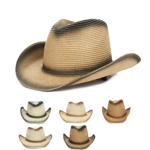 Cappello Di Paglia Cowboy Occidentale Tesa Larga Gradiente Intrecciato Protezione Solare Spiaggia Estate Jazz Con Corda Antivento