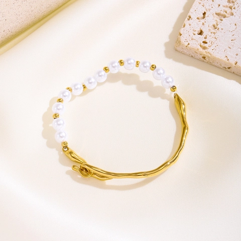 Bracciale in Acciaio al Titanio con Perle Artificiali per Donna Minimalista Irregolare Geometrico Metallo Splicing Gioielli di Moda
