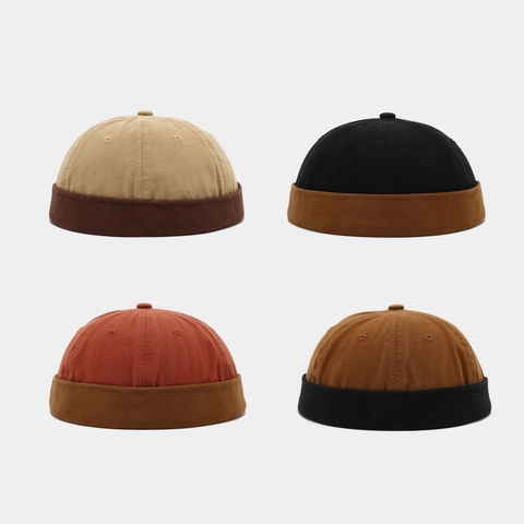 Retro Docker Hat American Cotton Patchwork Contrast Color Brimless Skullcap Adjustable Breathable Miki Hat For Men Women