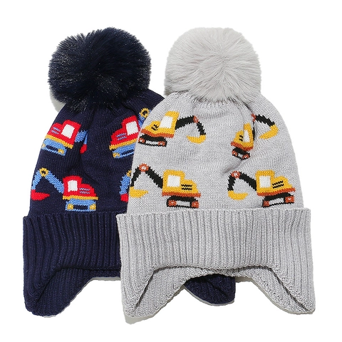 Kids Knitted Winter Hat With Ear Flaps Fleece Lined Excavator Pattern Pom Pom Warm Beanie For Boys