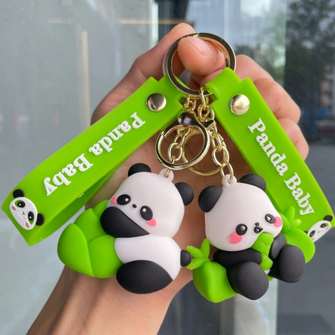 Cute Cartoon Panda Keychain PVC Silicone Animal Bag Pendant Backpack Accessory With Wrist Strap Golden Metal Ring