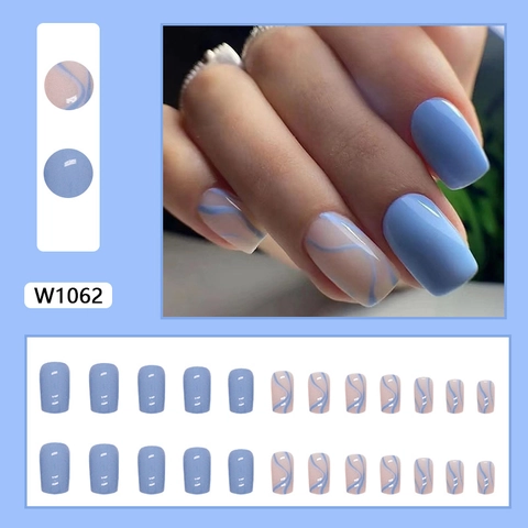Blue Wave Press On Nails Glossy Light Blue Short Square Fake Nails For Women Simple Fresh Manicure Art