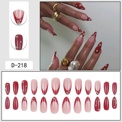 Franse Amandel Press On Nagels Bourgondië Rood Met Zilveren Kralen Strass Decor Elegante Draagbare Kunstnagels