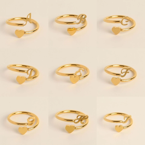 Initial Herz Buchstabe Ring Kupfer Vergoldet Offen Verstellbar Modeschmuck Geschenk Für Frauen Mädchen Elegant