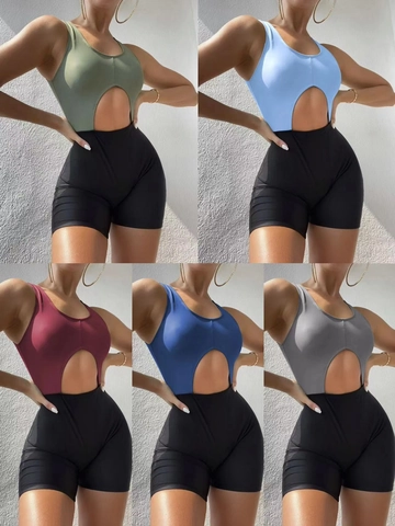 Women One Piece Swimsuit Color Block Hollow Out Sleeveless Tank Style Monokini Boyshort Bottom Beachwear