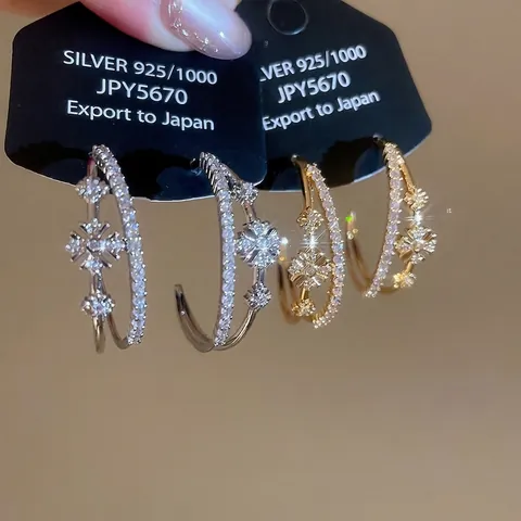Double Layer C Shaped Hoop Earrings With Zircon Flower And 925 Sterling Silver Earring Post Luxury Fashion For Women