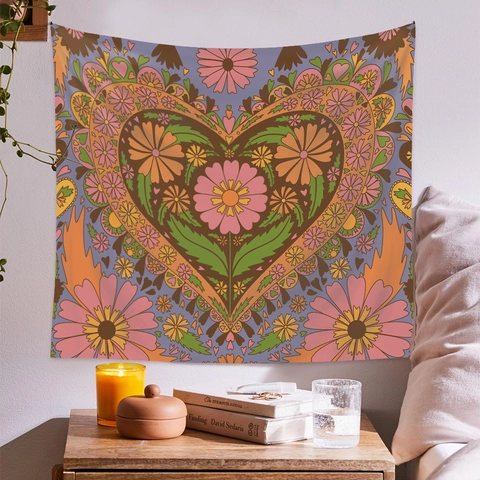 Tapiz De Pared Bohemio Retro Estampado Floral Corazón Poliéster Tela Colgante Decoración Dormitorio Sala Estilo Hippie Años 70