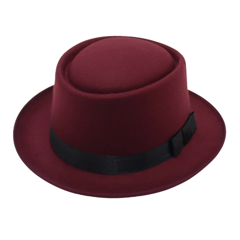 Vintage Wool Felt Pork Pie Hat With Ribbon Bow Elegant British Style Round Top Short Brim Fedora For Men Women