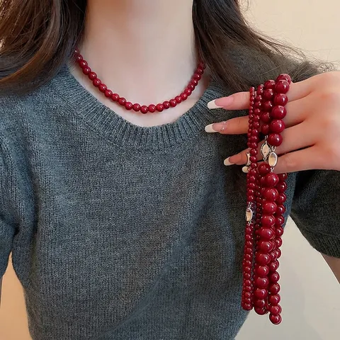 Beaded Necklace Red Glass Round Beads Copper Clavicle Chain Vintage Fashion Elegant Jewelry For Women