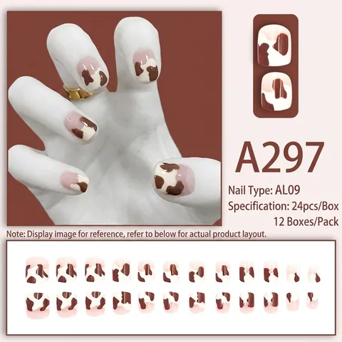 Unghie Finte Corte Quadrate Stampa Mucca Marrone Bianco Motivo Animale Stile Fresco Carino Unghie Artificiali Per Donne
