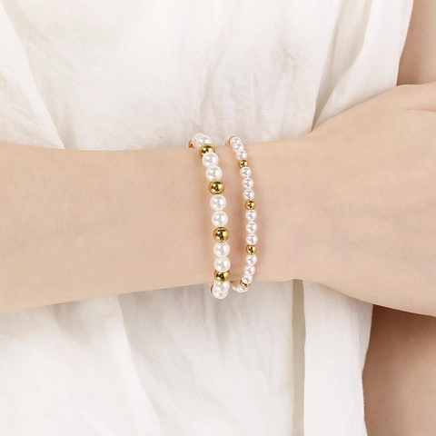 Bracciale Con Perline In Acciaio Inossidabile Metallo Lucido Künstliche Perle Di Vetro Catena Regolabile Gioielli Di Moda Versatili Per Donne