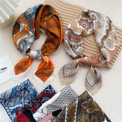 Elegant Women Square Scarf Simulated Satin Satin Paisley Geometric Print Lightweight Neck Wrap Hair Accessory Handbag Decorative