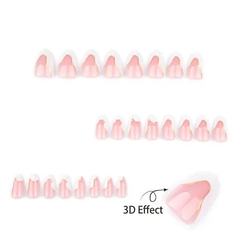 Unghie Finte French Bianco Corte Forma Mandorla Con Linee 3D Oro Rosa Nude Unghie Artificiali Lucide