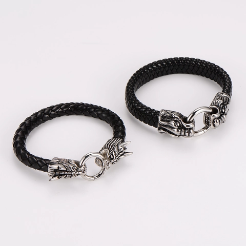Pulsera De Cuero Trenzado Para Hombre Con Cabeza De Dragón Leopardo De Acero Inoxidable 304 Joyería Vikinga Punk Gótica