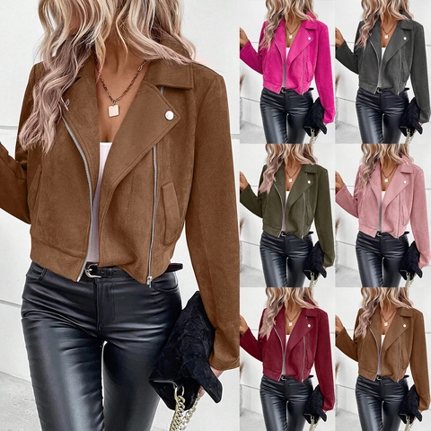 Women Faux Suede Biker Jacket Lapel Slim Fit Short Moto Coat Long Sleeve Solid Color Chic Casual Outerwear Zipper Top