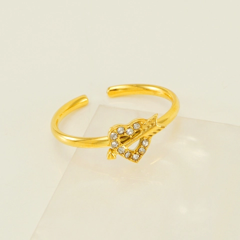 Cupid's Arrow Heart Ring Stainless Steel Zircon Studded Open Adjustable 18K Gold Plated Fashion Jewelry For Women