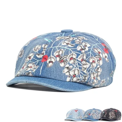 Retro Gewassen Denim Baret Voor Dames Bloemenprint Verstelbare Platte Pet Britse Schilder Stijl Mode Accessoire